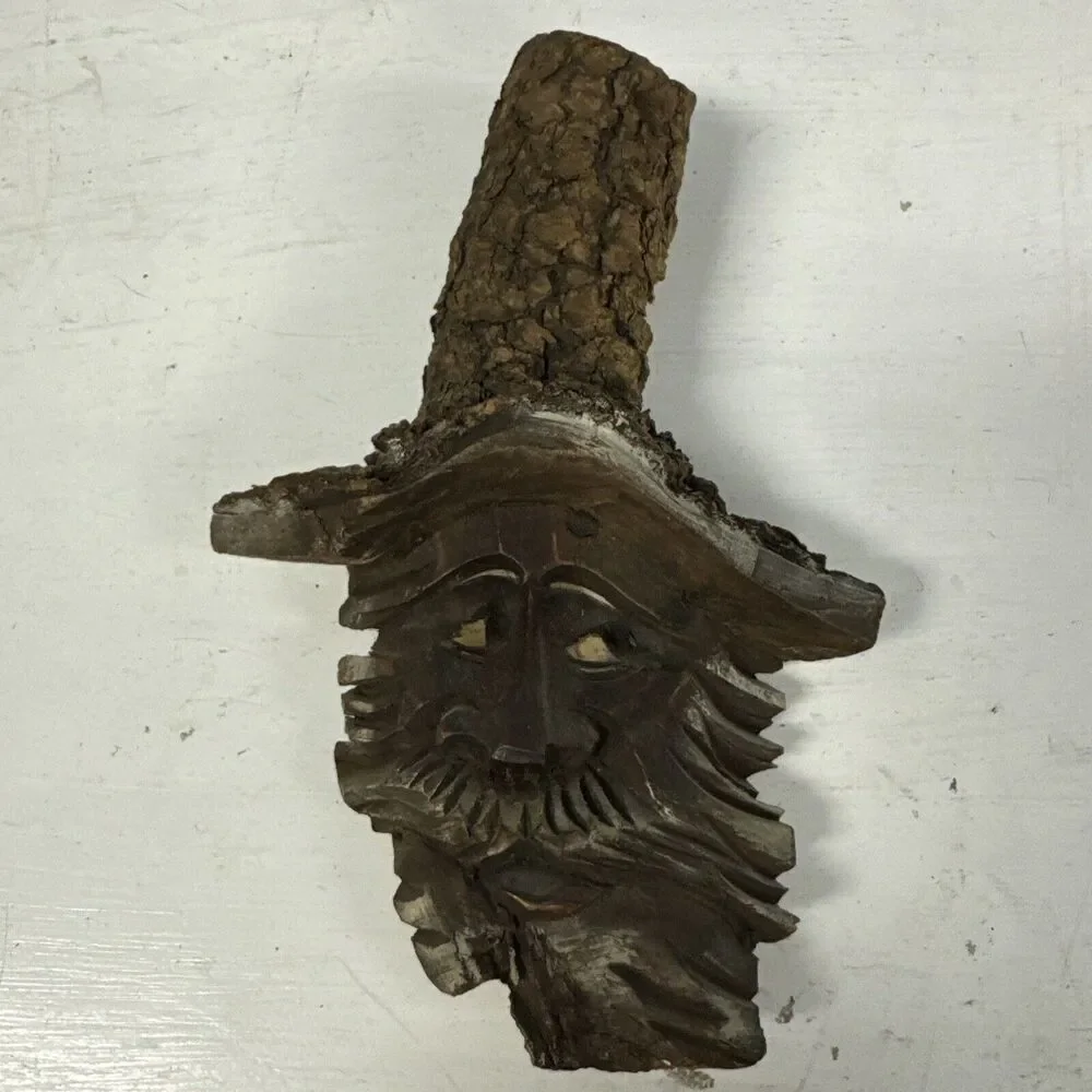Vintage Wooden tree carving spirit old man wood‎ plaque 9” Tall Whimsical Decor